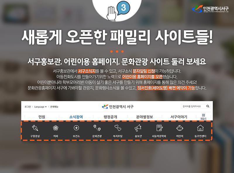 새롭게 오픈한 패밀리 사이트들. 서구홍보관,어린이용 홈페이지,문화관광 사이트 둘러보세요. 서구홍보관에서 서구소식지를 볼 수 있고, 서구소식 문자알림 신청이 가능하답니다. 아동친화도시를 만들어가기위한 노력으로 어린이용 홈페이지를 오픈했습니다. 어린이뿐 아니라 학부모여러분 아동이 살기 좋은 서구를 만들기 위해 홈페이지를 통해 많은 의견 주세요. 문화관광홈페이지 서구에 가봐야할 관광지, 문화행사 소식을 볼 수 있고, 정서진호(세어도행) 배편 예약이 가능합니다.