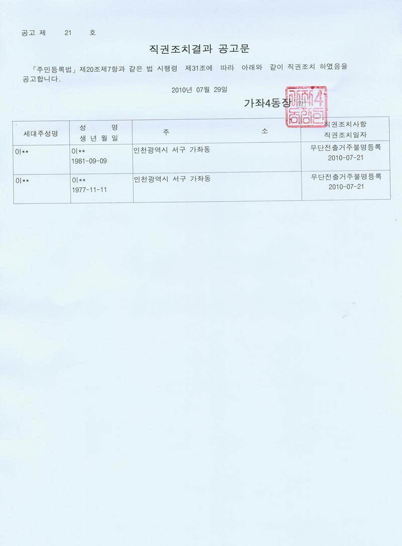 직권조치결과 공고문(2010년 21호).jpg 이미지