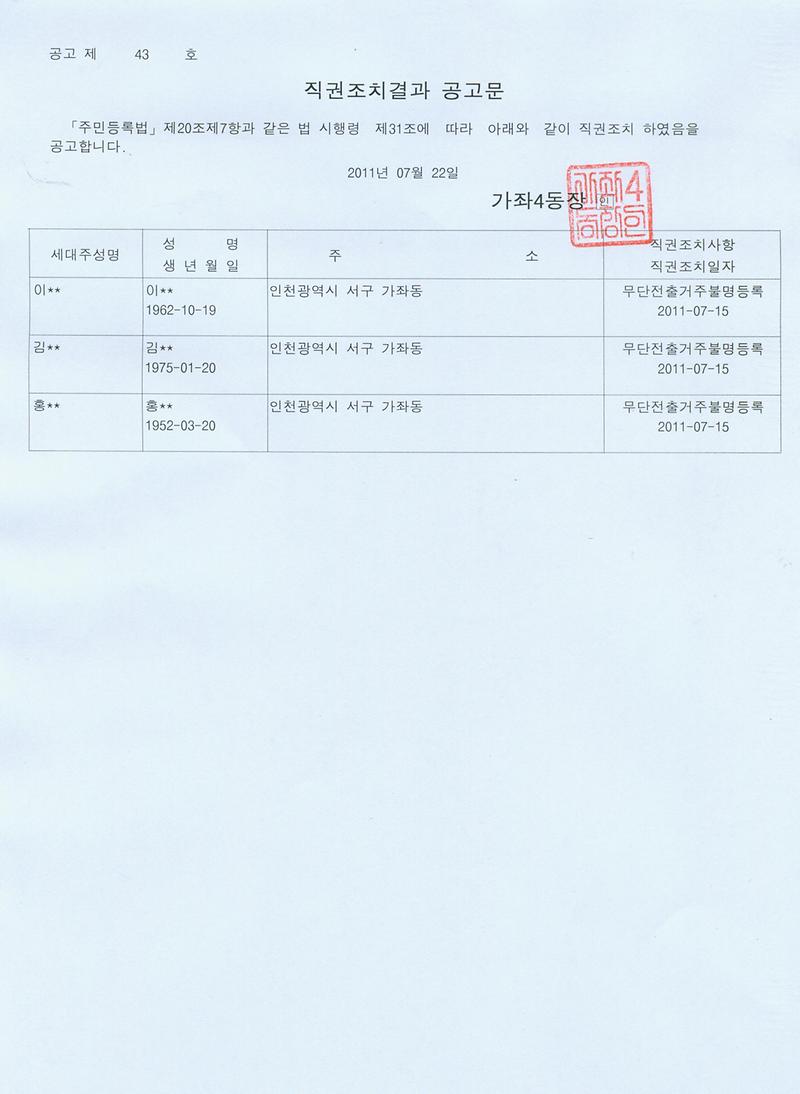 직권조치결과 공고문(2011년 43호).jpg 이미지
