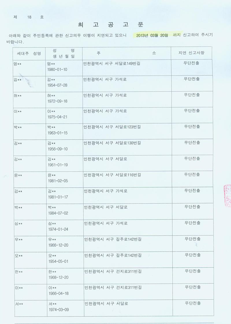 최고공고문(2013년 주민등록 일제정리).jpg 이미지