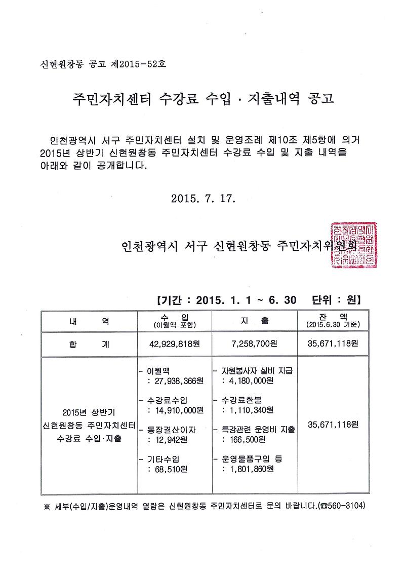 2015년 상반기 주민자치센터 수강료 수입지출내역 공고문.jpg 이미지