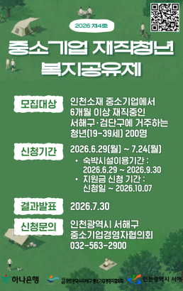 모집대상인천소재 중소기업에서 6개월 이상 재직중인 서해구ㆍ검단구에 거주하는 청년(19-39세) 200명신청문의인천광역시 서해구 중소기업경영자협의회 032-563-2900신청기간2026.6.29(월) ~ 7.13(월)숙박시설이용기간 : 2026.6.29 ~ 2026.9.30 / 지원금 신청 기간 : 신청일 ~ 2026.10.07결과발표2026.7.30